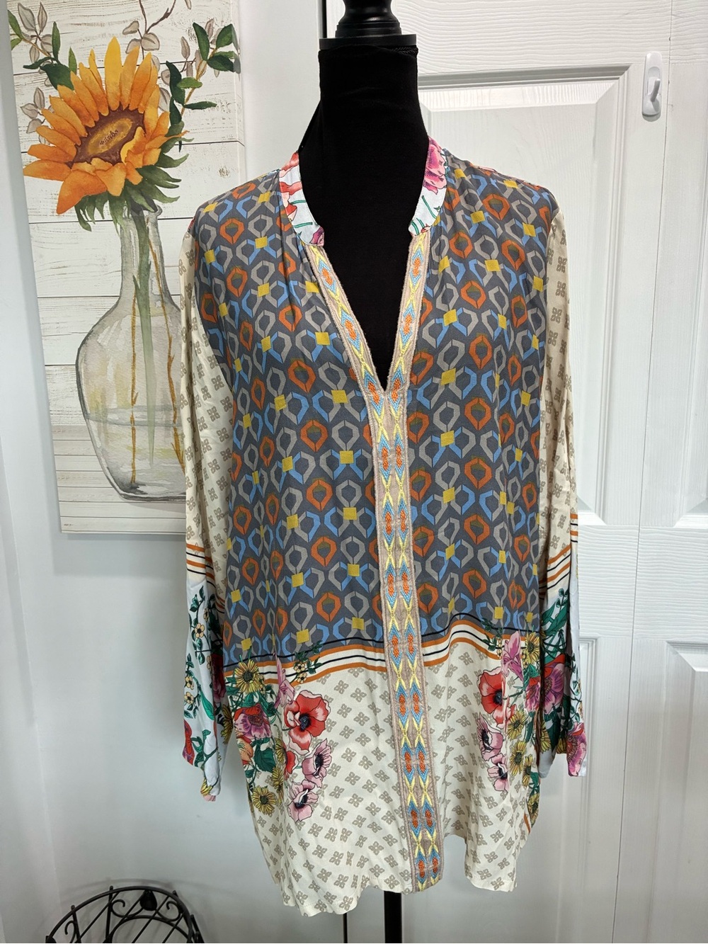Johnny Was Multicolor Geometric & Floral Split-Neck Tunic